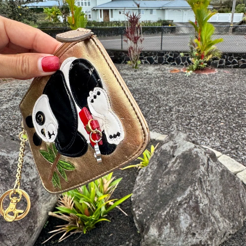 Sharif 1827 Panda Appliqué Coin Pouch Gold Leather Wristlet Keychain